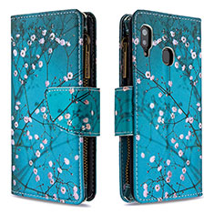 Leather Case Stands Fashionable Pattern Flip Cover Holder B04F for Samsung Galaxy A20 Cyan