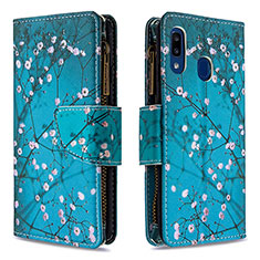 Leather Case Stands Fashionable Pattern Flip Cover Holder B04F for Samsung Galaxy A20e Cyan