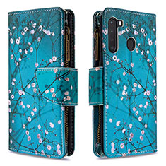 Leather Case Stands Fashionable Pattern Flip Cover Holder B04F for Samsung Galaxy A21 Cyan
