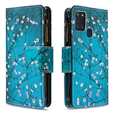 Leather Case Stands Fashionable Pattern Flip Cover Holder B04F for Samsung Galaxy A21s Cyan