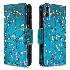 Leather Case Stands Fashionable Pattern Flip Cover Holder B04F for Samsung Galaxy A50 Cyan