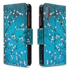 Leather Case Stands Fashionable Pattern Flip Cover Holder B04F for Samsung Galaxy A70 Cyan