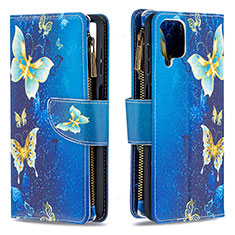 Leather Case Stands Fashionable Pattern Flip Cover Holder B04F for Samsung Galaxy F12 Blue