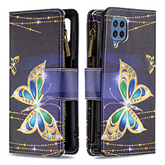 Leather Case Stands Fashionable Pattern Flip Cover Holder B04F for Samsung Galaxy M32 4G Black