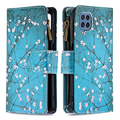 Leather Case Stands Fashionable Pattern Flip Cover Holder B04F for Samsung Galaxy M32 4G Cyan