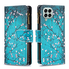 Leather Case Stands Fashionable Pattern Flip Cover Holder B04F for Samsung Galaxy M33 5G Cyan