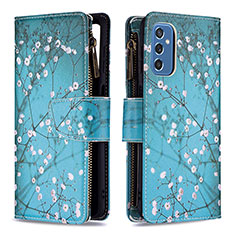 Leather Case Stands Fashionable Pattern Flip Cover Holder B04F for Samsung Galaxy M52 5G Cyan
