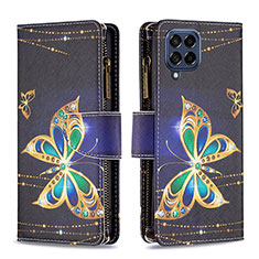 Leather Case Stands Fashionable Pattern Flip Cover Holder B04F for Samsung Galaxy M53 5G Black