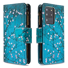 Leather Case Stands Fashionable Pattern Flip Cover Holder B04F for Samsung Galaxy S20 Ultra 5G Cyan