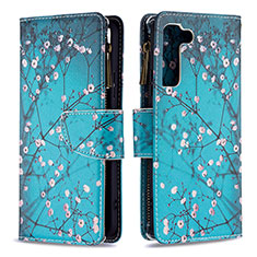 Leather Case Stands Fashionable Pattern Flip Cover Holder B04F for Samsung Galaxy S21 FE 5G Cyan