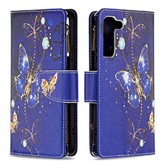 Leather Case Stands Fashionable Pattern Flip Cover Holder B04F for Samsung Galaxy S22 5G Navy Blue