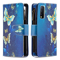 Leather Case Stands Fashionable Pattern Flip Cover Holder B04F for Vivo Y12s Blue
