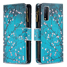 Leather Case Stands Fashionable Pattern Flip Cover Holder B04F for Vivo Y12s Cyan
