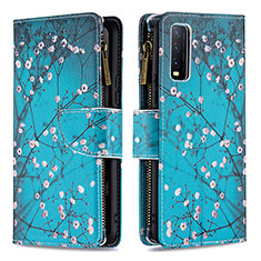 Leather Case Stands Fashionable Pattern Flip Cover Holder B04F for Vivo Y20s Cyan