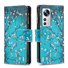 Leather Case Stands Fashionable Pattern Flip Cover Holder B04F for Xiaomi Mi 12 5G Cyan