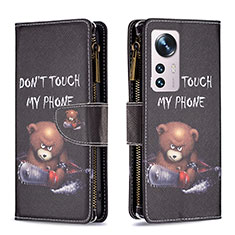Leather Case Stands Fashionable Pattern Flip Cover Holder B04F for Xiaomi Mi 12 Pro 5G Black