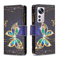 Leather Case Stands Fashionable Pattern Flip Cover Holder B04F for Xiaomi Mi 12 Pro 5G Gold and Black