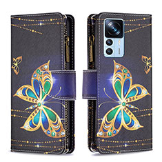 Leather Case Stands Fashionable Pattern Flip Cover Holder B04F for Xiaomi Mi 12T Pro 5G Black