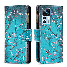 Leather Case Stands Fashionable Pattern Flip Cover Holder B04F for Xiaomi Mi 12T Pro 5G Cyan