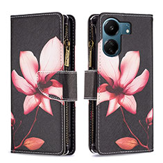 Leather Case Stands Fashionable Pattern Flip Cover Holder B04F for Xiaomi Redmi 13C Red