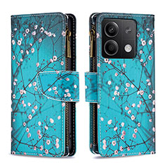Leather Case Stands Fashionable Pattern Flip Cover Holder B04F for Xiaomi Redmi Note 13 5G Cyan