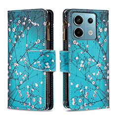 Leather Case Stands Fashionable Pattern Flip Cover Holder B04F for Xiaomi Redmi Note 13 Pro 5G Cyan