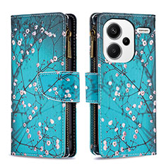 Leather Case Stands Fashionable Pattern Flip Cover Holder B04F for Xiaomi Redmi Note 13 Pro+ Plus 5G Cyan