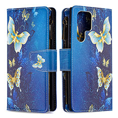 Leather Case Stands Fashionable Pattern Flip Cover Holder B05F for Samsung Galaxy S22 Ultra 5G Blue