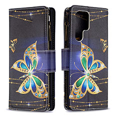 Leather Case Stands Fashionable Pattern Flip Cover Holder B05F for Samsung Galaxy S23 Ultra 5G Black