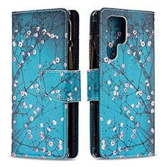 Leather Case Stands Fashionable Pattern Flip Cover Holder B05F for Samsung Galaxy S24 Ultra 5G Cyan