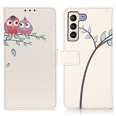 Leather Case Stands Fashionable Pattern Flip Cover Holder D02Y for Samsung Galaxy S21 5G Pink