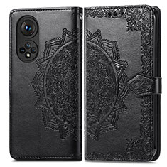 Leather Case Stands Fashionable Pattern Flip Cover Holder for Huawei Honor 50 Pro 5G Black