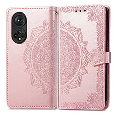 Leather Case Stands Fashionable Pattern Flip Cover Holder for Huawei Honor 50 Pro 5G Rose Gold