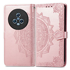 Leather Case Stands Fashionable Pattern Flip Cover Holder for Huawei Honor Magic5 5G Rose Gold