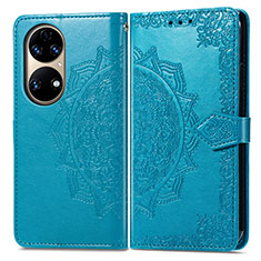 Leather Case Stands Fashionable Pattern Flip Cover Holder for Huawei P50 Pro Blue