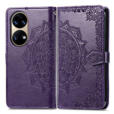 Leather Case Stands Fashionable Pattern Flip Cover Holder for Huawei P50 Pro Purple
