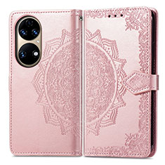 Leather Case Stands Fashionable Pattern Flip Cover Holder for Huawei P50 Pro Rose Gold