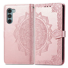 Leather Case Stands Fashionable Pattern Flip Cover Holder for Motorola Moto G200 5G Rose Gold