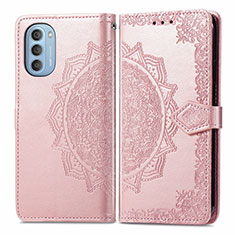 Leather Case Stands Fashionable Pattern Flip Cover Holder for Motorola Moto G51 5G Rose Gold