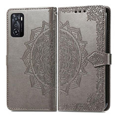 Leather Case Stands Fashionable Pattern Flip Cover Holder for Oppo A55S 5G Gray