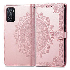 Leather Case Stands Fashionable Pattern Flip Cover Holder for Oppo A55S 5G Rose Gold