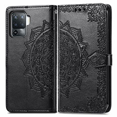 Leather Case Stands Fashionable Pattern Flip Cover Holder for Oppo A94 4G Black