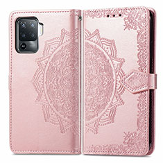 Leather Case Stands Fashionable Pattern Flip Cover Holder for Oppo F19 Pro Rose Gold