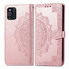 Leather Case Stands Fashionable Pattern Flip Cover Holder for Oppo Find X3 5G Rose Gold