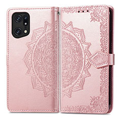 Leather Case Stands Fashionable Pattern Flip Cover Holder for Oppo Find X5 5G Rose Gold