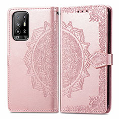 Leather Case Stands Fashionable Pattern Flip Cover Holder for Oppo Reno5 Z 5G Rose Gold