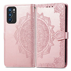 Leather Case Stands Fashionable Pattern Flip Cover Holder for Oppo Reno6 5G Rose Gold