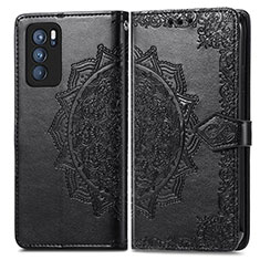 Leather Case Stands Fashionable Pattern Flip Cover Holder for Oppo Reno6 Pro 5G India Black