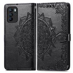 Leather Case Stands Fashionable Pattern Flip Cover Holder for Oppo Reno6 Z 5G Black
