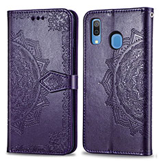 Leather Case Stands Fashionable Pattern Flip Cover Holder for Samsung Galaxy A20 Purple